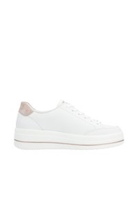 Hvide lædersneakers med et strømlinet design, som har en blød ruskindshelt og en tyk gummisål med en diskret roséguldrand.