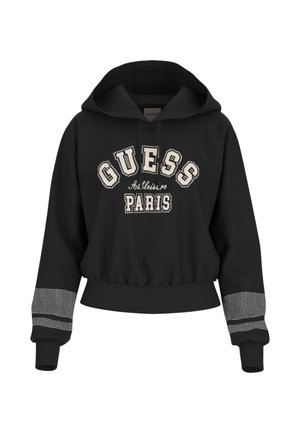 Felpa nera con cappuccio con la scritta "GUESS PARIS" in bianco, arricchita da dettagli in strass e polsini lavorati a trama. Design corto con orlo elastico.