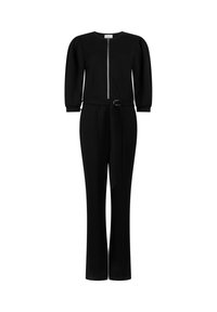 Zwarte jumpsuit met een ronde halslijn, ritssluiting aan de voorkant, pofmouwen, tailleband en rechte pijpen. Vloeiende stof met minimale details.