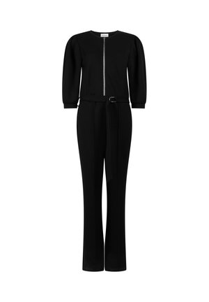 Zwarte jumpsuit met een ronde halslijn, ritssluiting aan de voorkant, pofmouwen, tailleband en rechte pijpen. Vloeiende stof met minimale details.