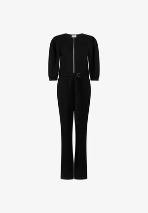 Zwarte jumpsuit met een ronde halslijn, ritssluiting aan de voorkant, pofmouwen, tailleband en rechte pijpen. Vloeiende stof met minimale details.
