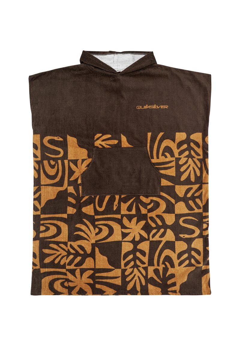 Poncho marrone con cappuccio realizzato in un tessuto texturizzato. Presenta un mix di motivi geometrici e tropicali in tonalità di marrone scuro e oro. Tasca frontale presente.