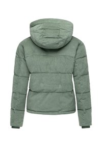 Grønn pufferjakke med teksturert overflate, med hette, quiltet design og elastiske mansjetter for en tett passform.