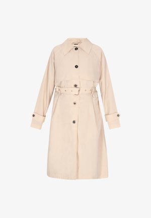 Beżowy płaszcz trench z kołnierzem, zapięciem na guziki i paskiem. Posiada kieszenie na klapie oraz długie rękawy z guzicznymi mankietami. Gładka tekstura.