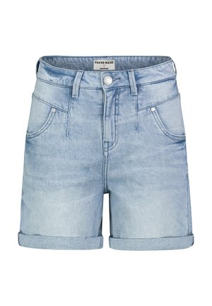 Hellblaue Jeans-Shorts mit aufgerollten Säumen, vorderem Knopf und Reißverschluss, Gürtelschlaufen und zwei vorderen Taschen, Größe Medium.