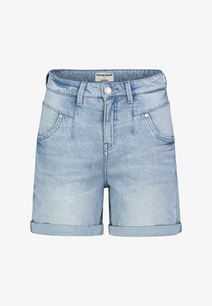 Hellblaue Jeans-Shorts mit aufgerollten Säumen, vorderem Knopf und Reißverschluss, Gürtelschlaufen und zwei vorderen Taschen, Größe Medium.