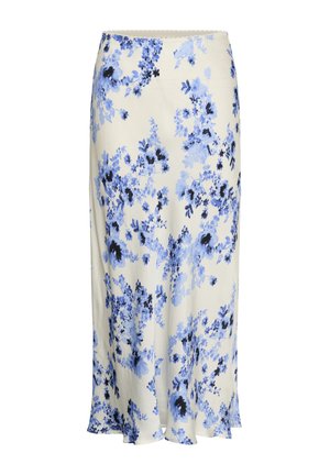 Jupe midi crème avec imprimé floral bleu clair et bleu foncé et petites fentes de chaque côté.