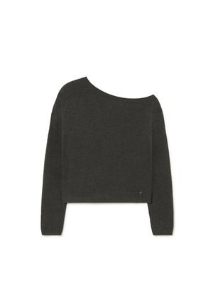 Jersey corto de color gris oscuro con escote asimétrico, mangas largas y textura suave. Cuenta con un pequeño detalle de logo en el dobladillo.