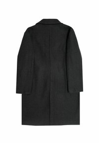 Schwarzer Wollmantel mit langer Silhouette, Reverskragen und geraden Ärmeln. Glatte Textur, minimalistische Ausführung und keine sichtbaren Verschlüsse.