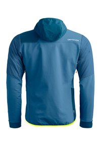 Blue hooded jacket with a smooth texture, features contrasting yellow trim at the hem, and has a functional, sporty design.