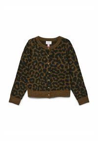 Lepardmönstrad kardigan i mörkgrön och brun, med rund halsringning, knappstängning och ribbade manschetter och nederkant. Mjuk stickad struktur.