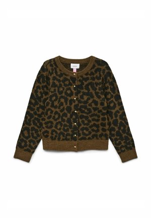 Leopardmuster-Kardigan in Dunkelgrün und Braun, mit Rundhalsausschnitt, Knopfverschluss sowie gerippten Bündchen und Saum. Weicher Strickstoff.