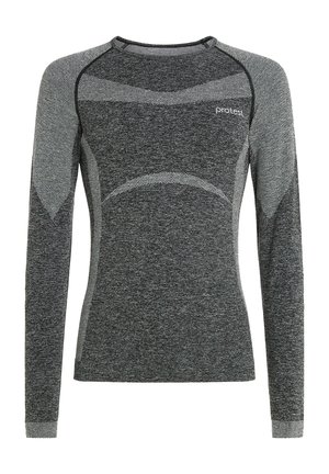 Camicia tecnica a maniche lunghe di colore grigio scuro con un motivo testurizzato, dotata di scollatura a girocollo e accenti più chiari in contrasto sulle maniche.