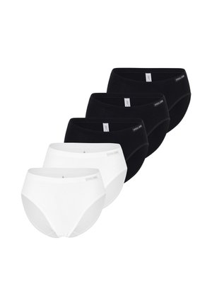 Fünf Damen-Slips in einer Reihe angeordnet, drei schwarz und zwei weiß, mit kleinen Stoffetiketten vorne links.