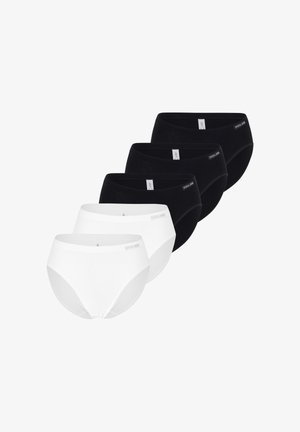 Cinq slips féminins disposés en ligne, trois noirs et deux blancs, avec de petites étiquettes en tissu sur le côté avant gauche.