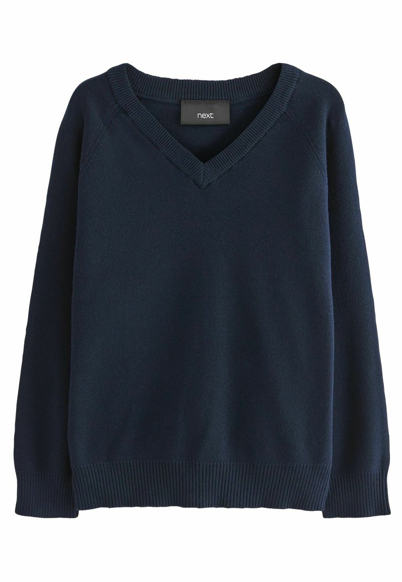 Maglione blu navy realizzato in tessuto lavorato a maglia, con scollo a V, maniche lunghe e polsini e orlo ribattuti. Tessuto semplice e liscio.
