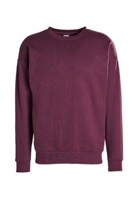 Felpa a maniche lunghe con collo rotondo in viola scuro, con polsini e orlo a costine, mostrata su uno sfondo bianco.