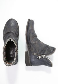 Botas de tobillo de cuero negro con un patrón texturizado, cremalleras laterales y un tacón apilado. El interior presenta un forro multicolor.