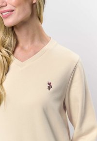 Bēša V-veida kakla sporta krekls no mīksta materiāla ar mazu izšūtu zīmējumu ar jātnieku kreisajā krūšu pusē. Gluda tekstūra, brīvs piegriezums.