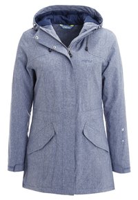 Chaqueta de tela en azul claro jaspeado con capucha, cierre frontal con cremallera, dos bolsillos laterales, cordón ajustable y forro interior en azul oscuro.