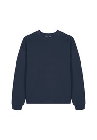 Felpa blu navy con scollo tondo, maniche lunghe, polsini a costine e una trama semplice e liscia. Nessun motivo o grafica visibile.