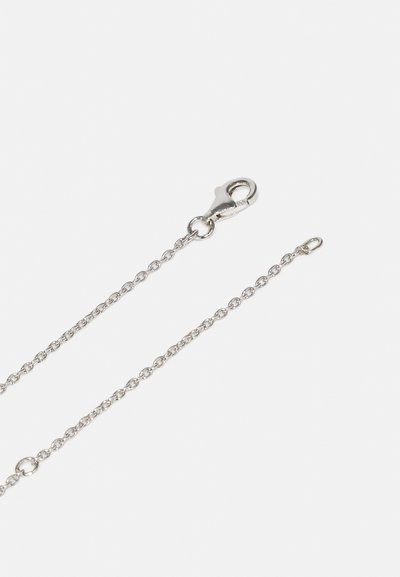 Lanț din metal argintiu cu un închizător de tip homar, având o textură delicată și un finisaj lucios, evidențiind un design minimalistic.