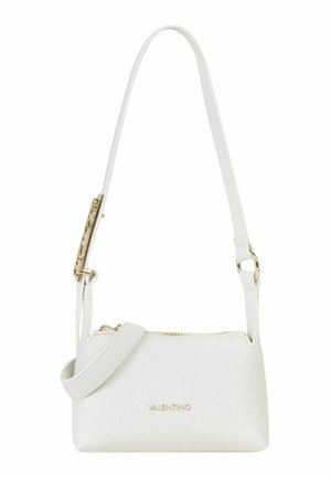 Sac à bandoulière Valentino en cuir blanc avec ferrures dorées, forme rectangulaire, bandoulière réglable et fermeture éclair.
