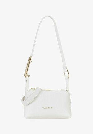 Sac à bandoulière Valentino en cuir blanc avec ferrures dorées, forme rectangulaire, bandoulière réglable et fermeture éclair.