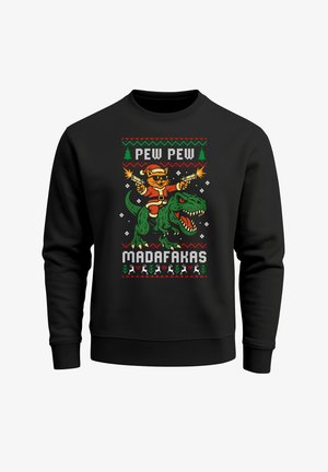 Schwarzer Sweatshirt mit einem grafischen Design eines Katers im Weihnachtsmann-Outfit auf einem grünen Dinosaurier, umgeben von festlichen Mustern und Text.