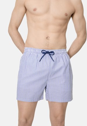 Torso masculino vistiendo pantalones cortos de baño con rayas verticales azules y blancas, cordón azul marino, manos metidas en los bolsillos.