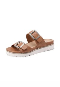 Sandalo scivoloso in pelle marrone con due fibbie argentate regolabili, suola in gomma bianca con grip testurizzato e plantare imbottito per il comfort.