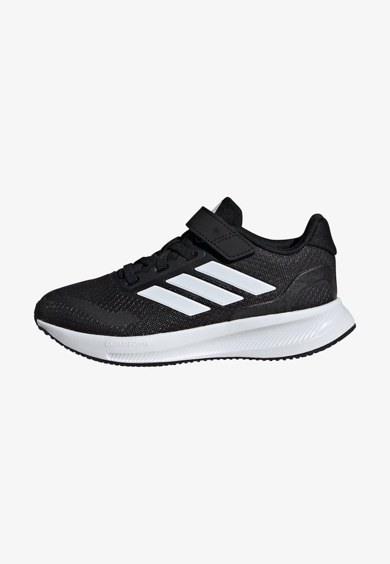 Black athletic shoes with white stripes, mesh upper, lace-up and hook-and-loop closure, cushioned Cloudfoam midsole, textured rubber outsole.