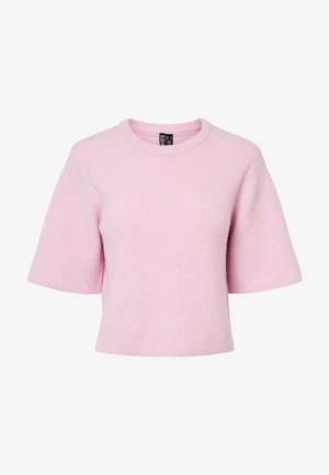 Maglione a coste rosa chiaro con maniche corte e scollatura rotonda, caratterizzato da una texture morbida e una silhouette boxy.