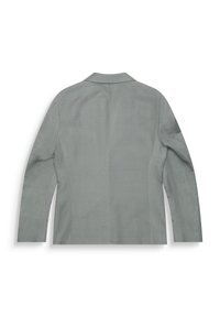 Blazer grigio chiaro con colletto classico, maniche lunghe e vestibilità su misura. Tessuto liscio con una texture sottile e senza chiusure visibili.