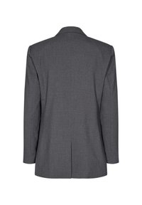 Gray blazer with a structured design, single vent at the back, and long sleeves. Made from a textured fabric with a smooth finish.