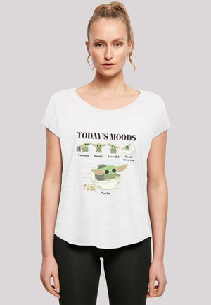 Weißes T-Shirt mit kurzen Ärmeln, das verspielte illustrierte Charaktere zeigt, mit dem Text "Heutige Stimmungen" und grafischen Elementen in grün und schwarz.