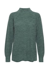 Grüner Strickpullover mit hohem Kragen, langen Ärmeln und gerippter Textur. Hat eine lockere Passform und abgerundeten Saum.