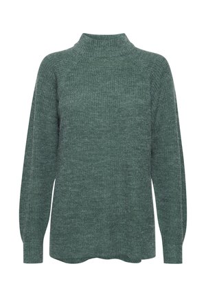 Green knit sweater with a high neck, long sleeves, and ribbed texture. Features a relaxed fit and rounded hem.