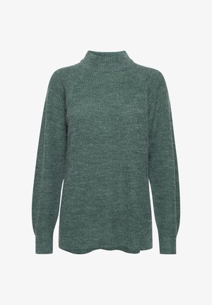 Green knit sweater with a high neck, long sleeves, and ribbed texture. Features a relaxed fit and rounded hem.