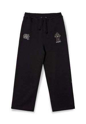 Black sweatpants made of soft fabric, featuring an elastic waistband with drawstrings, and two white graphic designs on the front.