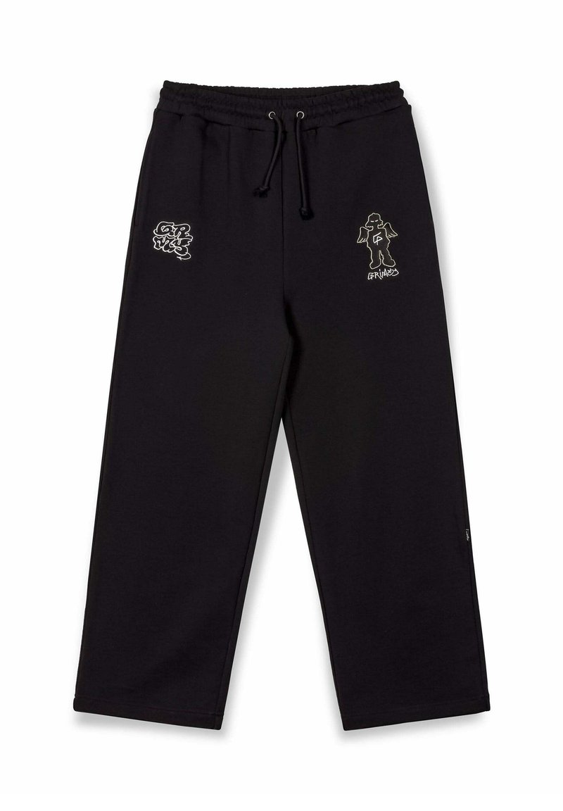 Pantalones de chándal negros hechos de una tela suave, con una cintura elástica con cordones y dos diseños gráficos blancos en la parte frontal.