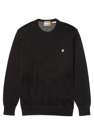 Zwart crew neck sweatshirt gemaakt van zachte stof, met ribgebreide manchetten en zoom, en een klein wit logo op de borst.
