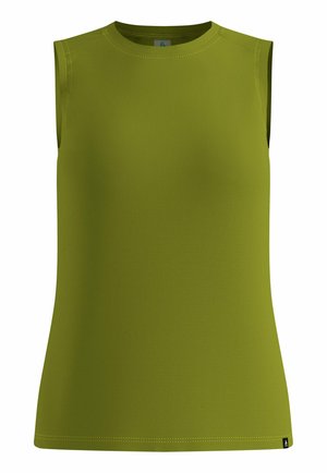 Débardeur sans manches en maille côtelée de couleur vert olive avec encolure ronde et petite étiquette de marque noire sur l'ourlet inférieur.