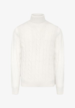 Suéter blanco de punto en relieve con cuello alto y puños acanalados, confeccionado en una tela suave que presenta patrones verticales y de torsión.
