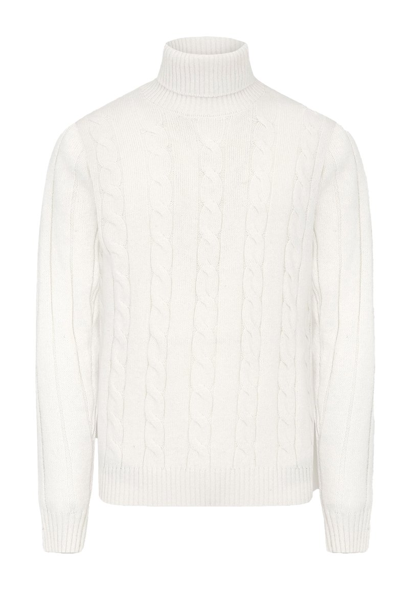 Maglione bianco a collo alto con lavorazione a trecce, dotato di colletto e polsini a costine, realizzato in un tessuto morbido che presenta motivi verticali e a spirale.