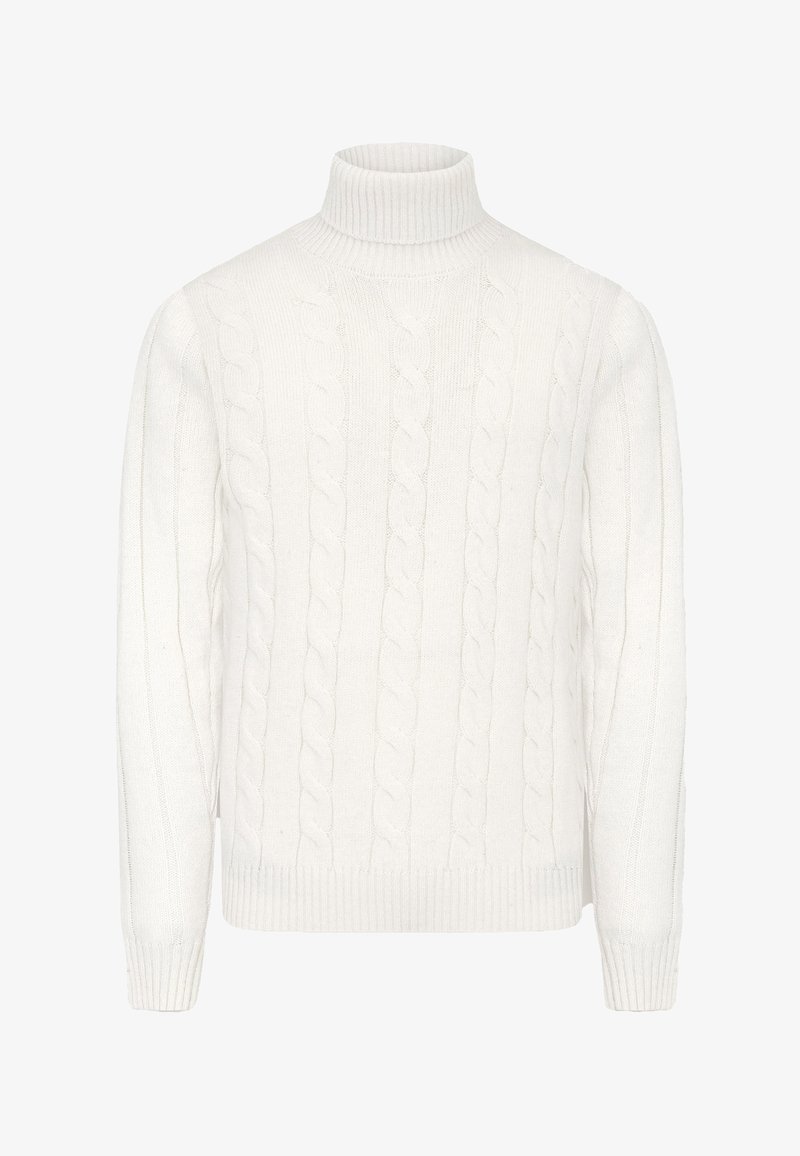 Pulover alb cu guler înalt din tricot cu model, cu mânici și guler cu rigle, realizat dintr-un material moale cu modele verticale și răsucite.