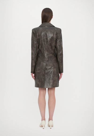 Brown faux leather coat with a smooth texture, straight design, notched collar, and side pockets, viewed from the back.