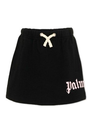 Gonna casual nera con vita elastica e coulisse bianca, con scritta rosa "palm" sul lato inferiore destro.