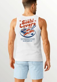 White tank top featuring a colorful graphic design with sushi illustrations, bold text reading "Sushi Lovers Club," and chopsticks.