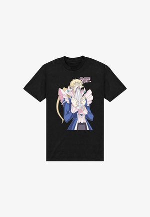 Czarny T-shirt z zaskoczonym bohaterem anime o blond włosach, w niebiesko-różowym stroju, gryzącym biały materiał, z napisem "Yu-Gi-Oh! GX" powyżej.